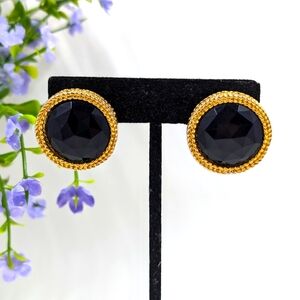 Genuine Black Crystal Faceted Button Style Vintage Clip On Earrings